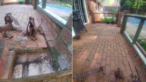 Brick paver patio. Left side shows a close-up view of patio with missing pavers. Right side shows wide shot of brick patio.