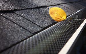 a closeup shot of a gutter guard with a yellow leaf on the outside